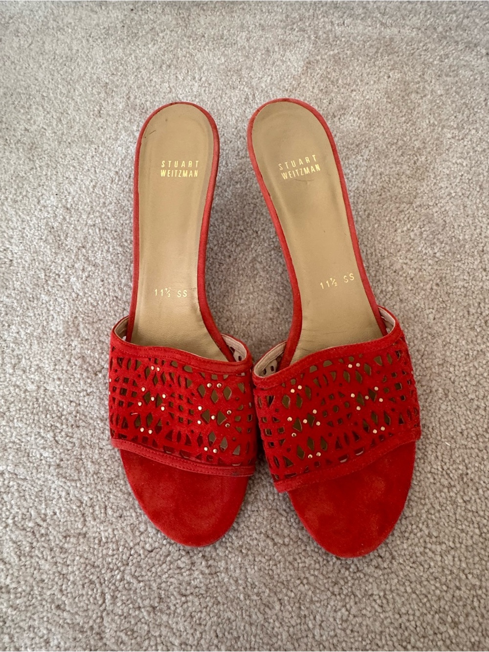 Stuart Weitzman Red Suede Laser-Cut Slide Mules